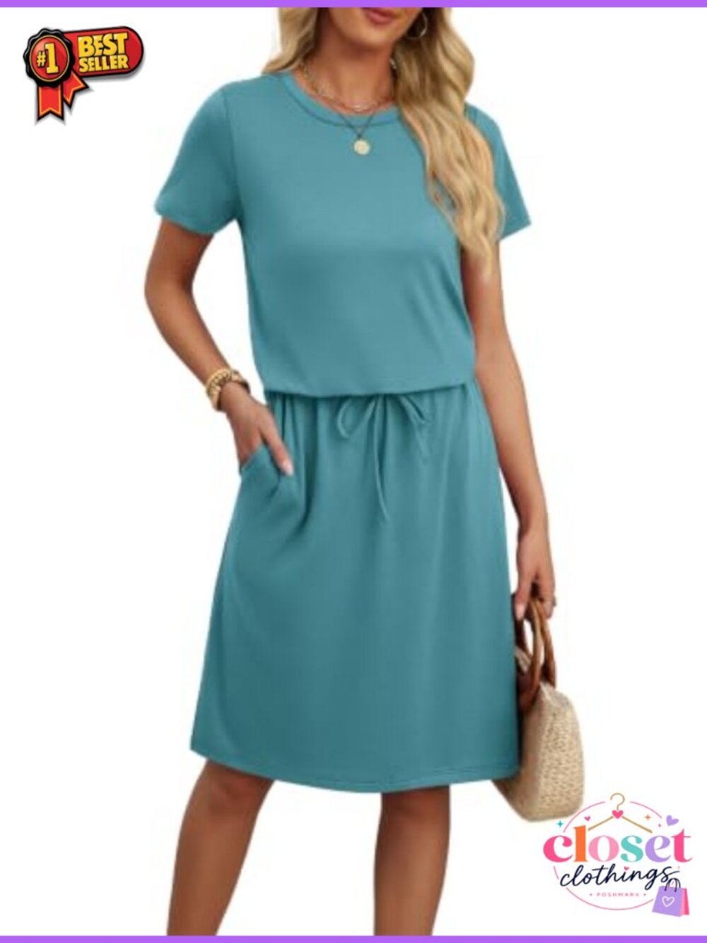 Womens Summer A-Line Short Sleeve T Shirt Dress Tie Waist Pockets